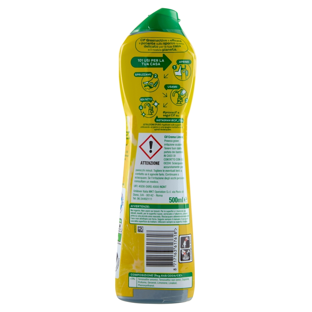 Cif Crema con particelle pulenti 100% Naturali Limone 500 ml